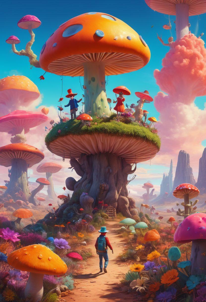 A whimsical scene featuring a group of colorful characters embarking on a wild, zany adventure through a vibrant, surreal landscape filled with oversized mushrooms, a bright multicolored sky, and playful animals doing quirky things. Incorporate elements of absurdity like a flying teapot and a dancing cactus to evoke a sense of fun and humor. The atmosphere should feel energetic and chaotic, inviting the viewer to embrace the absurd. cartoonish style. vibrant colors. dynamic composition.