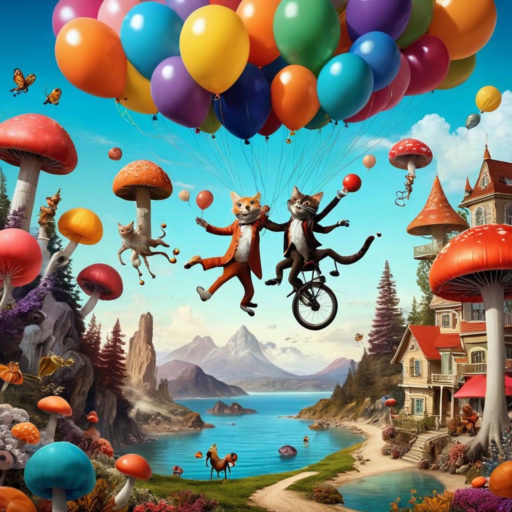 A whimsical collage featuring quirky characters in outlandish scenarios, like a juggling octopus and a unicycle-riding cat, set against a vibrant, surreal landscape filled with colorful balloons and oversized mushrooms. The atmosphere is playful and chaotic, embodying a sense of zany adventure and laughter. Incorporate bold and lively colors to enhance the fun and eccentricity of the scene. cartoonish style. vibrant colors.