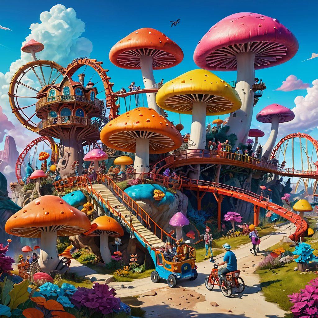 A whimsical landscape featuring surreal elements like giant mushrooms, funky creatures, and a roller coaster made of candy. In the foreground, a diverse group of adventurers wearing colorful outfits are laughing and exploring their absurd surroundings. Bright, exaggerated colors and playful details create a lively atmosphere, inviting viewers to join the fun. cartoonish style. vibrant colors. exaggeration.